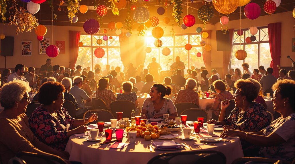 A lively indoor party with people of all ages sitting at round tables, eating and talking. Colorful paper lanterns hang above, sunlight streams in, and a round of music bingo adds to the memorable atmosphere.