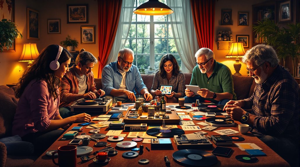 A group of people from different generations sit around a table in a cozy living room, enjoying vinyl records, cassettes, and CDs. The table is covered with music media, and the atmosphere is warm and nostalgic.