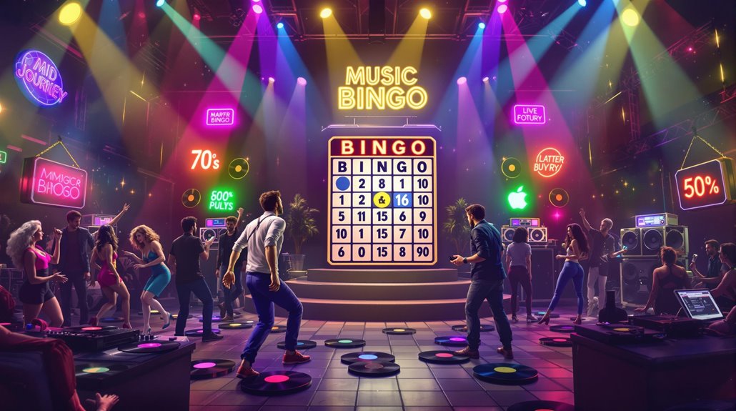 People dance around a large bingo board on stage in a vibrant nightclub with neon signs, music-themed decor, and colorful lights, bringing creative Music Bingo Night energy and inspiration for unique Bingo Party Ideas.