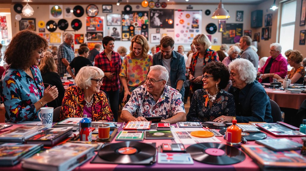 A lively group of older adults gathers around tables filled with vinyl records, games, and memorabilia, enjoying conversation and laughter while customizing playlists in a colorful, retro-themed room decorated with music posters and records.