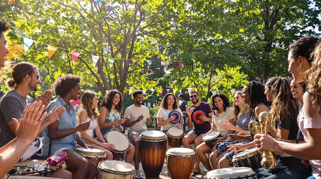 A diverse group of people sits in a circle outdoors, playing drums and percussion instruments under string lights and bunting, surrounded by trees and sunlight, enjoying a lively musical team building gathering.