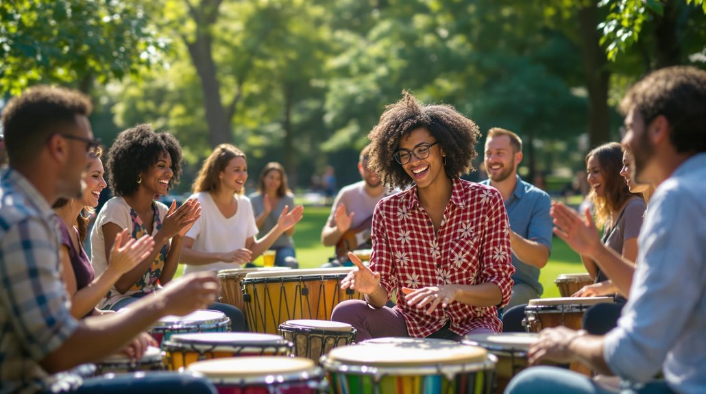 A group of people sit in a circle outdoors, smiling and playing drums together on a sunny day. Surrounded by trees and greenery, they enjoy the benefits of team-building in the park, creating a lively and joyful atmosphere.