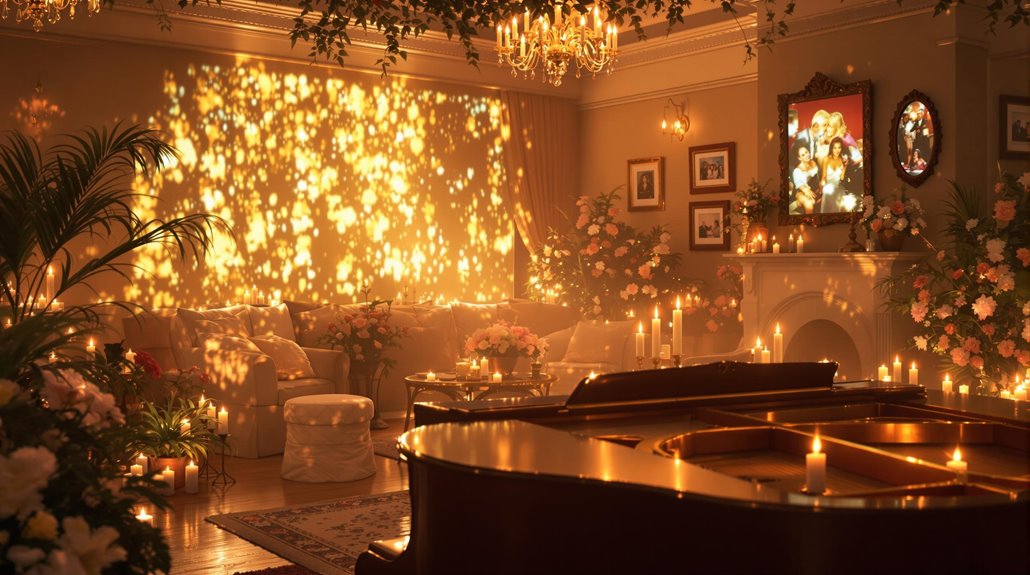 A grand piano surrounded by glowing candles sits in an elegant, flower-filled living room, where music fills the air and warm sunlight streams through a window, casting dappled visuals on the wall beneath family portraits above a white fireplace.
