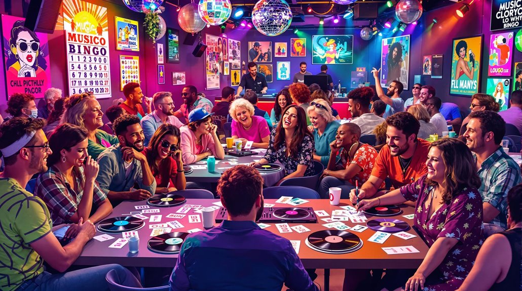 A lively group enjoys Music Bingo in a colorful, neon-lit nightclub decorated with posters and disco balls, laughing and sipping drinks as a DJ sets the scene—the Next Big Thing in event entertainment.