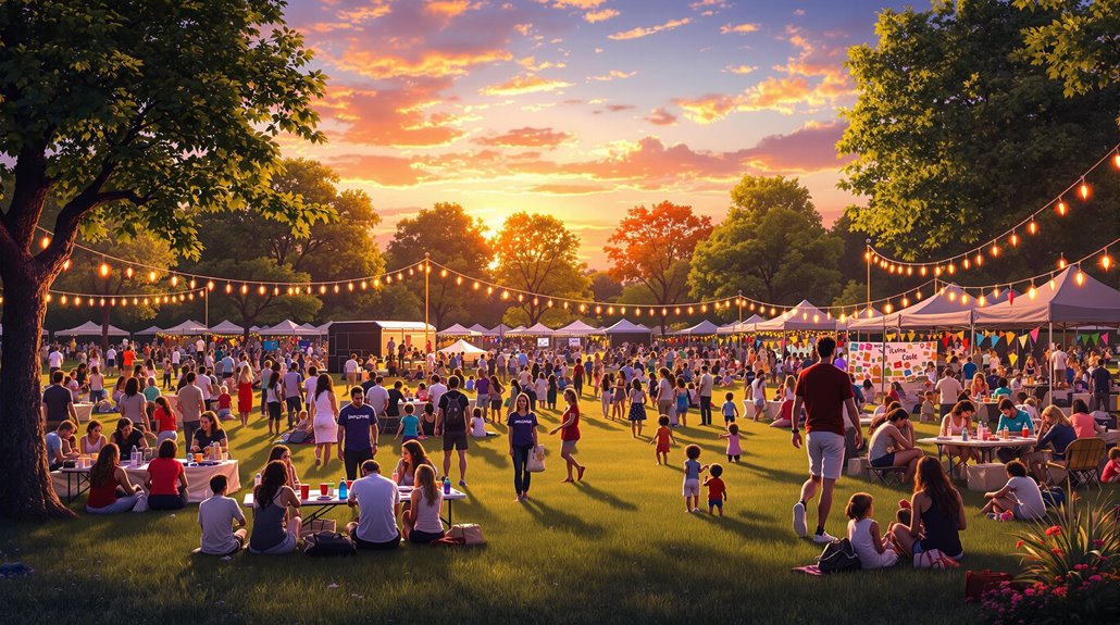 A lively outdoor festival at sunset with crowds of people, string lights, tents, and food stalls—an ideal scene for those interested in community event planning or seeking successful event tips. Trees frame the park as groups relax on the grass under a colorful sky.