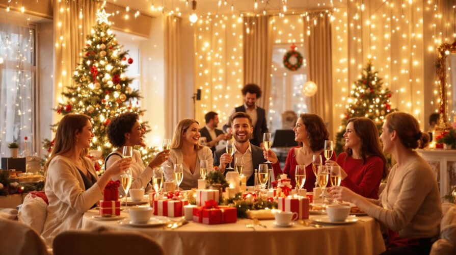 A group of people sit around a festive table with gifts and drinks, smiling and celebrating a memorable company Christmas party in a warmly lit room decorated with Christmas lights, trees, and ornaments.