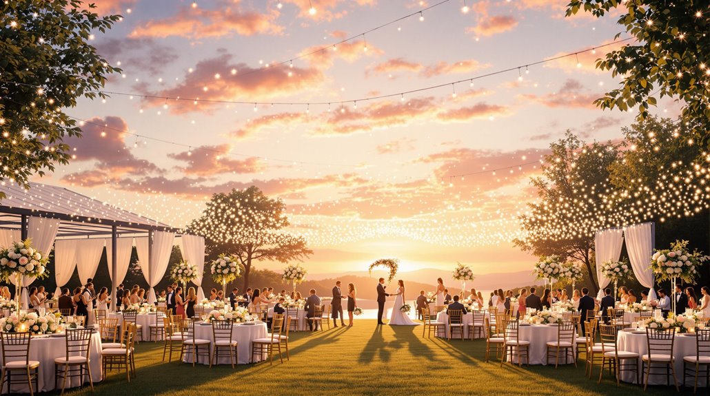 An enchanting outdoor wedding reception at sunset features round tables, white chairs, and floral centerpieces under string lights—with guests gathered around a couple beneath an arch. Discover outdoor wedding tips for creating this scenic celebration among rolling hills.