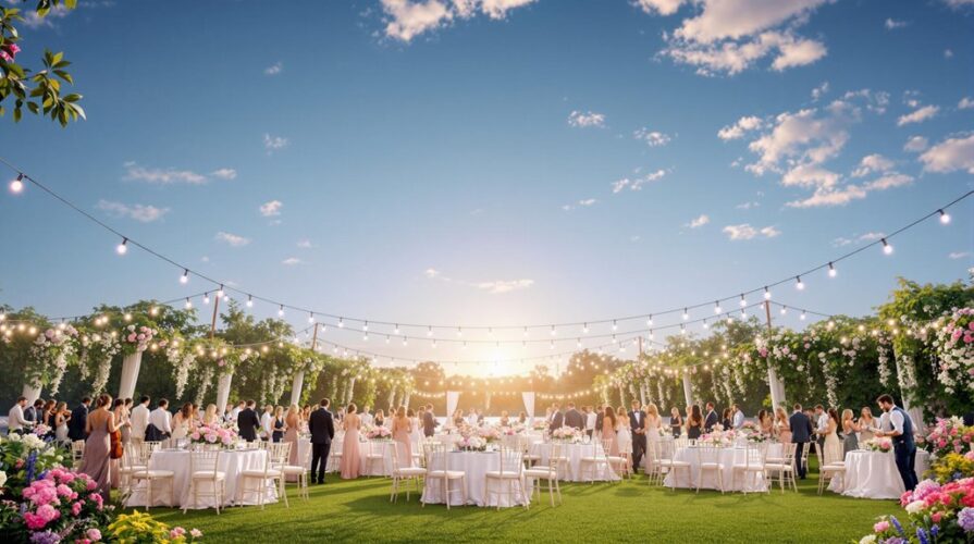 An elegant wedding reception at sunset offers outdoor wedding tips in action, with guests mingling around round tables adorned with pink flowers, white linens, and string lights overhead, creating a festive and romantic atmosphere on a green lawn.