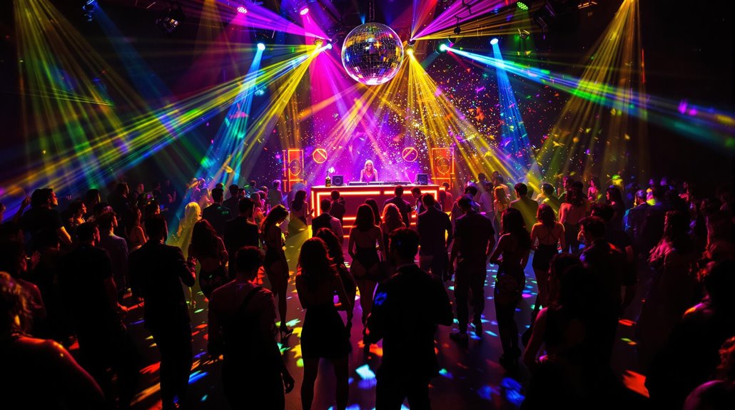 A crowded nightclub dance floor with colorful laser lights, a disco ball, and a DJ performing on stage. People are dancing under vibrant beams of light, enjoying lighting tips that elevate the lively party experience.