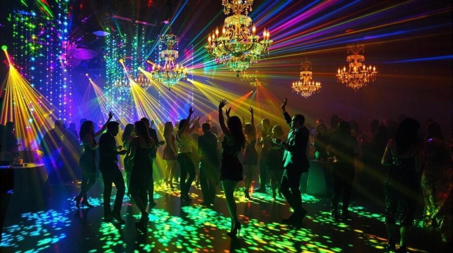 A group of people dance under colorful laser lights and elegant chandeliers at a lively indoor party, where dynamic lighting enhances the party experience with vibrant patterns cast on the floor and walls.