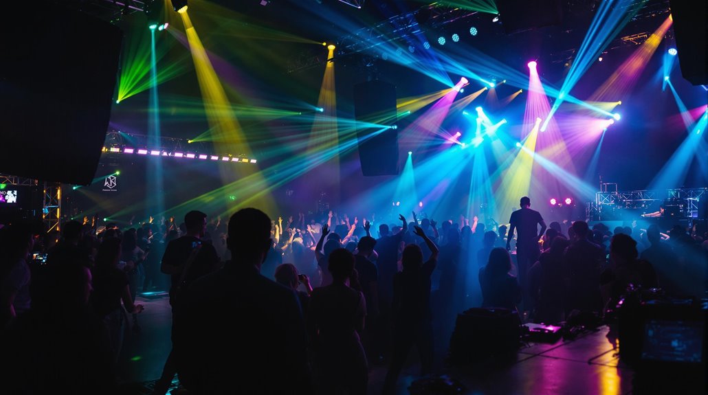 A large crowd dances and enjoys a concert in a dark venue, enhanced by dynamic lighting and colorful stage lasers in blue, pink, yellow, and green, creating a vibrant party atmosphere with unforgettable event entertainment.