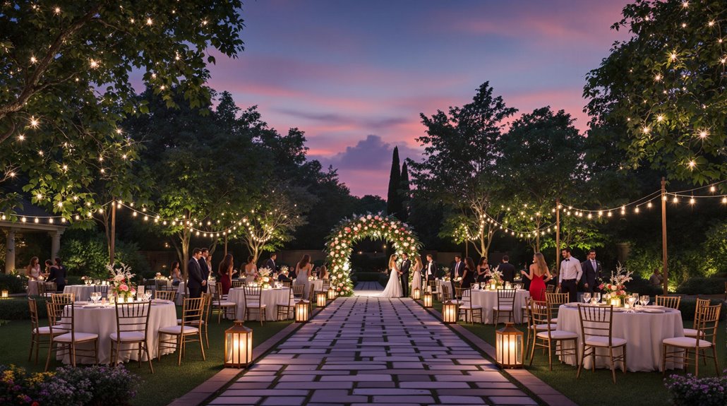 Elegant outdoor wedding reception at sunset with string lights, round tables with white linens, gold chairs, and a floral archway; guests are mingling in a beautifully landscaped garden—perfect inspiration for outdoor wedding tips.