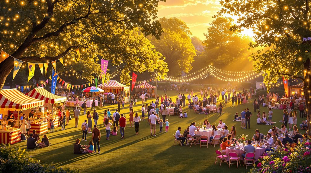 A lively outdoor community event at sunset with people walking, eating, and socializing. Colorful tents, string lights, and banners decorate the grassy park surrounded by trees. Groups sit at tables and children play on the lawn.