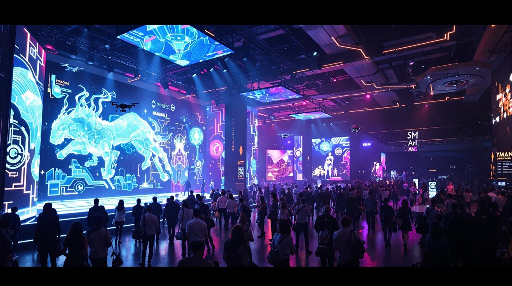 A large crowd attends a high-tech event in a spacious hall with vibrant neon lights, futuristic digital displays, and a giant holographic horse graphic on stage screens, showcasing Audio Visual Trends set to shape Events 2026.