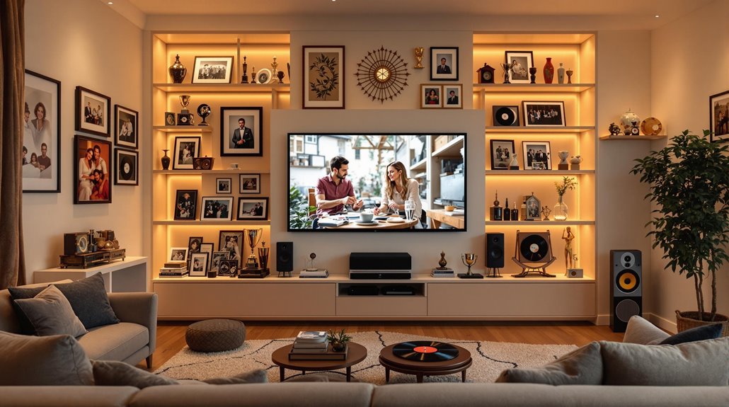 A modern living room with a large wall-mounted TV, shelves displaying framed photos and decorative items celebrating life, soft lighting, a gray sofa, and a record player on a coffee table—perfect for customizing your space or enjoying premium AV services.