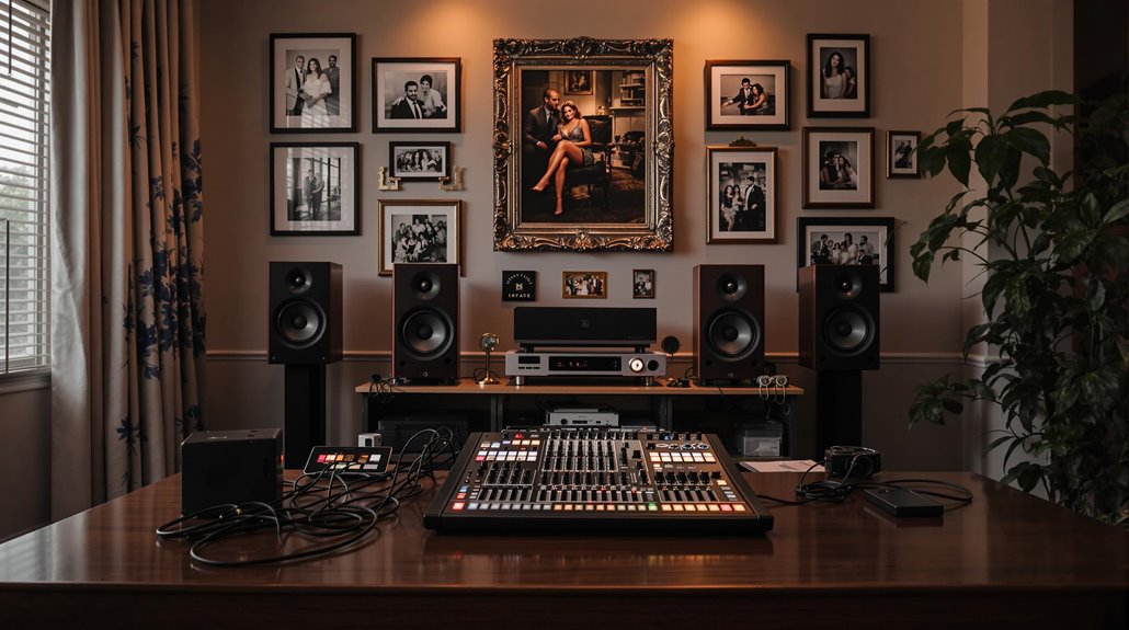 A home recording studio setup with audio equipment on a wooden desk, large speakers, and family photos in black frames—including a prominent portrait—showcases how customizing AV can enhance any life celebration space. A plant and curtained window flank the scene.