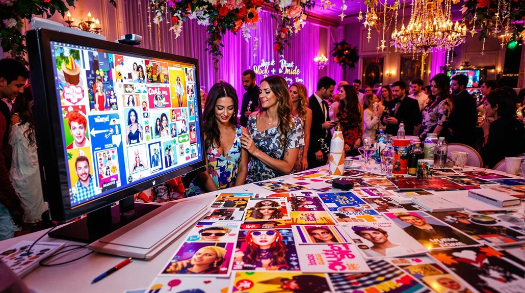 Two women at a lively event enjoy customizing photo booth templates on a computer screen, surrounded by printed photos. Guests mingle in a chandelier-lit room filled with bright, festive lighting and colorful party decor.