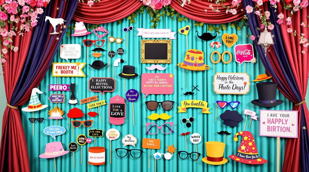 A colorful photo booth backdrop with teal curtains, pink flowers, and red drapes, decorated to match your event theme and featuring playful props like hats, glasses, mustaches, and customizable photo booth props with fun speech bubbles.