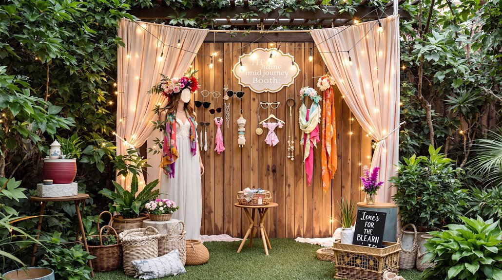 A boho-themed photo booth setup outdoors with draped curtains, string lights, flowers, hats, scarves, sunglasses, and customizable photo booth props. Wicker baskets and potted plants enhance the event theme amid lush greenery.
