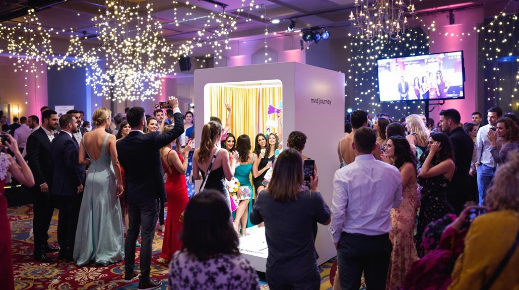 A crowd in formal attire gathers around a glowing photo booth—one of the must-have features at modern events—with twinkling string lights and a large screen in the background. Some guests snap photos while others pose inside the booth.