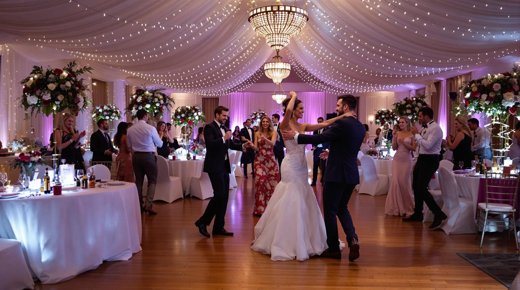 A bride and groom dance in the center of a decorated ballroom at their wedding reception, surrounded by guests. The ceiling is draped with white fabric and twinkling lights as Rhinos DJs keep everyone clapping and smiling.