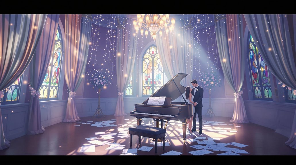 A grand piano sits in a sunlit, elegant room with stained glass windows and chandeliers. Papers are scattered on the floor as a couple in formal attire stands by the piano, ready to personalize their wedding music amid soft, glowing lights.