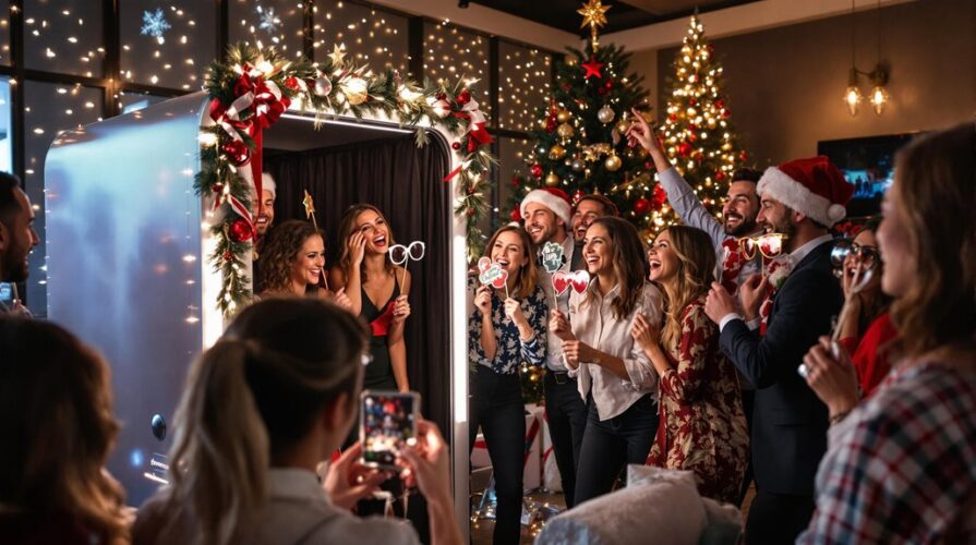A group of people in festive attire gathers around photo booths decorated with garland and lights at a company holiday celebration, smiling and holding props, with Christmas trees and string lights twinkling in the background.