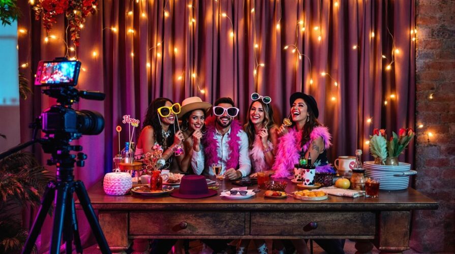 Five friends wearing colorful party accessories and feather boas pose and smile for a camera at a decorated table, offering great photo booth tips while string lights and festive decor create a cheerful, celebratory atmosphere.