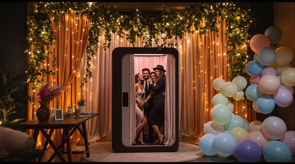 Four people dressed formally pose together in a photo booth setup surrounded by gold curtains and string lights, with balloons and greenery as decoration. A cozy table with decor items sits on the left side of the image.
