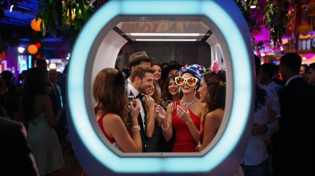 A group of people in colorful outfits and fun accessories pose and laugh together inside a photo booth at a lively party, viewed through the booth’s circular window—a perfect snapshot of modern events.