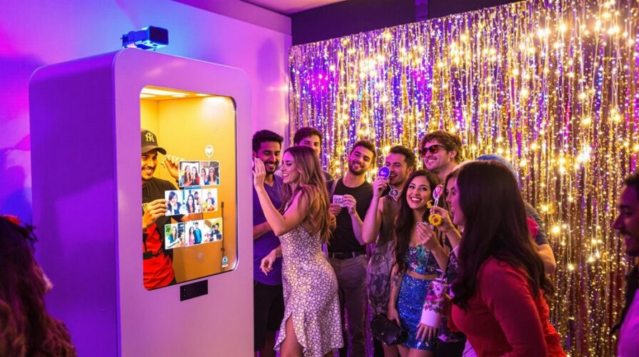 A group of people smiling and having fun around a photo booth at a party, with glittery gold tinsel backdrop and vibrant lighting. This lively scene showcases how photo booths boost party engagement as guests pose and hold photo strips.