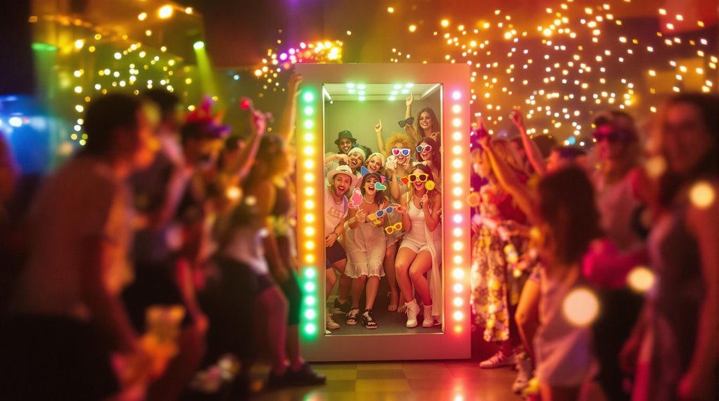 A group of people in colorful outfits and fun glasses pose inside a brightly lit photo booth, surrounded by a crowd celebrating and dancing under sparkling lights—perfect event entertainment for unforgettable party engagement.
