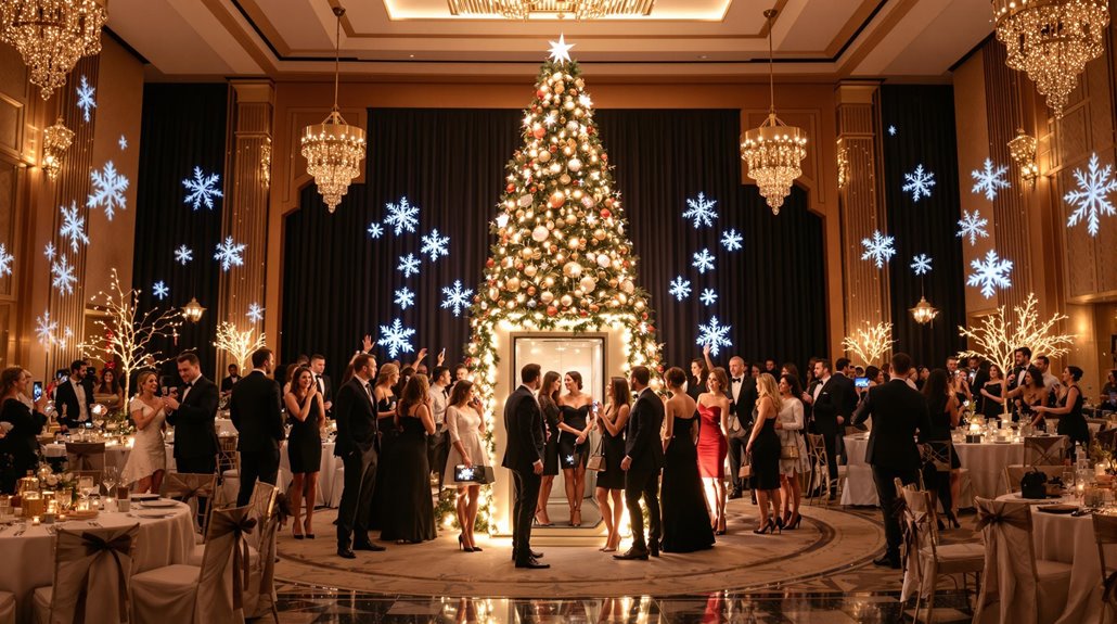 A large, elegant ballroom is decorated for a company holiday celebration with a towering, ornate tree at the center. People in formal attire mingle under chandeliers and glowing snowflake lights, while a festive photo booth adds extra glamour to the event.