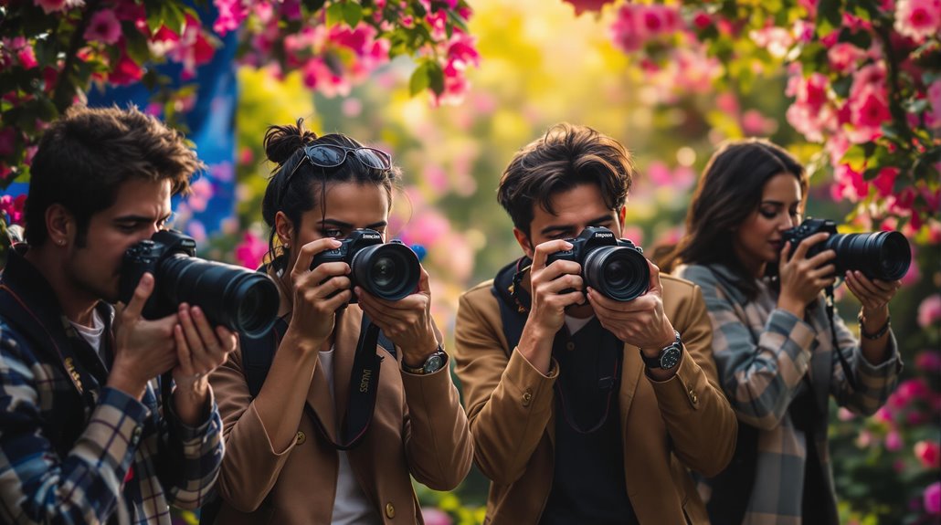 Four people stand close together outdoors, each event photographer capturing photos amid blooming pink flowers and lush greenery, creating a vibrant and lively atmosphere.