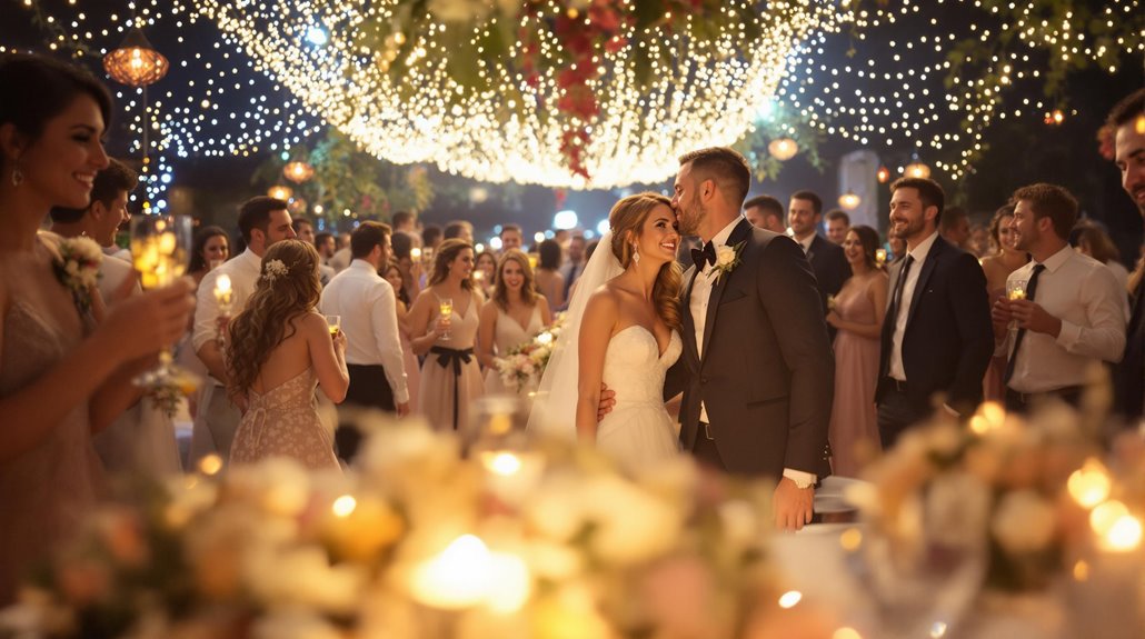 A bride and groom share a joyful moment during their wedding reception, surrounded by guests and glowing string lights. The outdoor scene, beautifully captured by a skilled event photographer, is festive with flowers and warm ambient lighting.