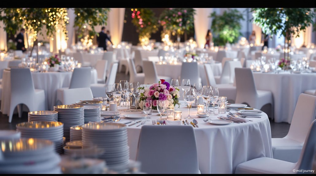 A beautifully decorated banquet hall with round tables covered in white cloths, set with elegant tableware, flowers, glassware, and candles—every detail thoughtfully arranged as part of an event setup for a formal event or wedding reception.