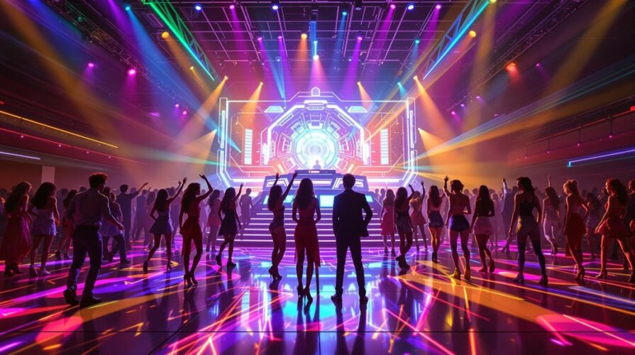 A large crowd of people dance in a vibrant nightclub with colorful lights, lasers, and a futuristic stage, creating an energetic party atmosphere reminiscent of 2025 High School Dances.