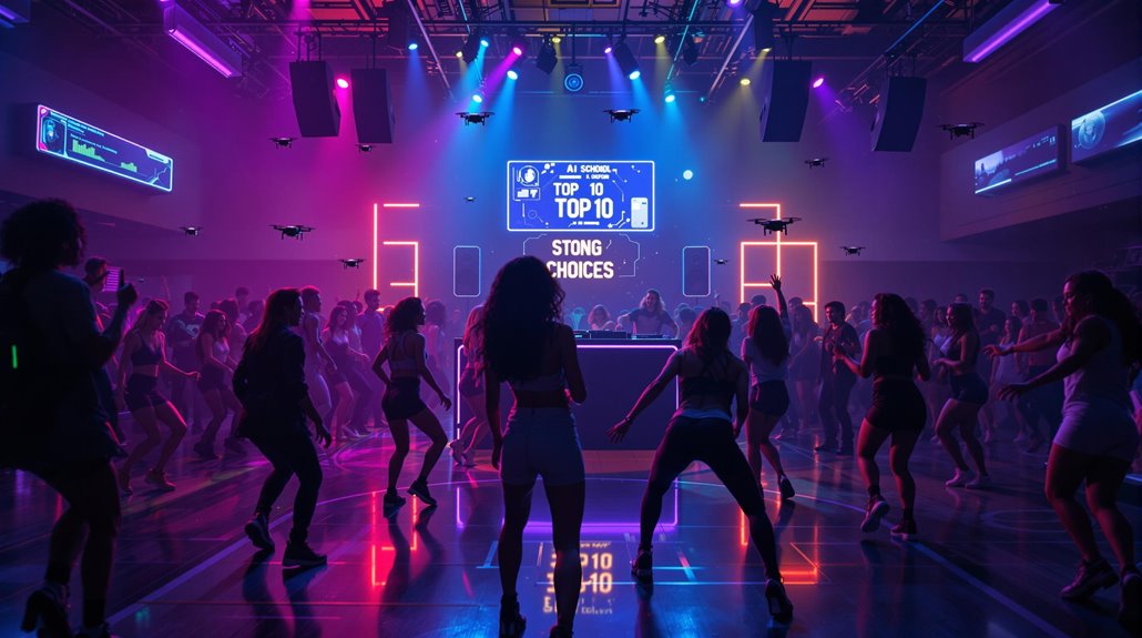 A large group of people dance in a gymnasium under colorful lights, with a DJ playing top dance songs 2025. Digital screens display music rankings, and several drones hover above, adding to the lively atmosphere.