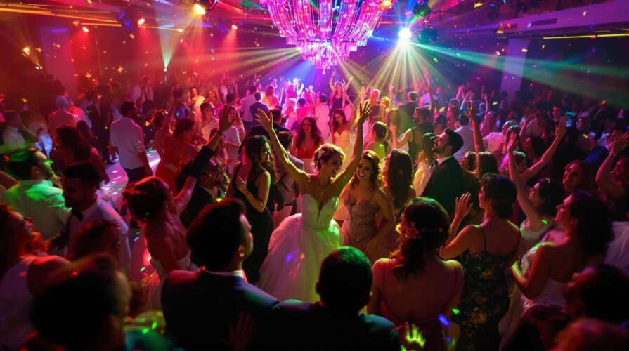 A large group of people dance and celebrate to top wedding songs at a lively reception under colorful lights and a glowing chandelier, with joyful expressions and a festive atmosphere filling the dance floor.