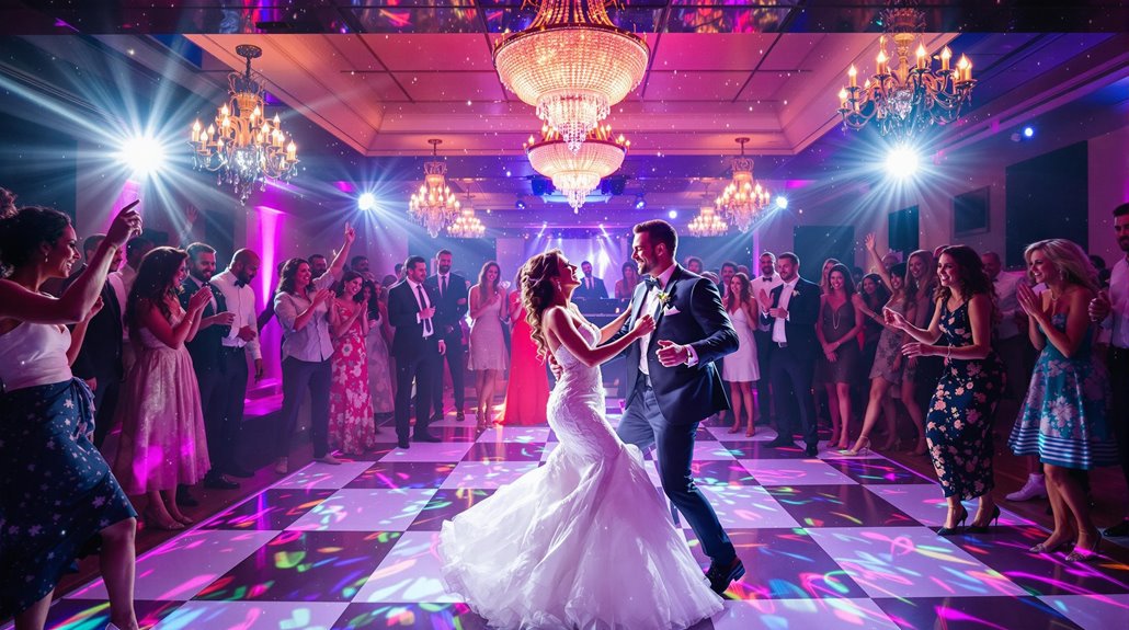 A bride and groom dance together on a checkered dance floor under colorful lights, surrounded by cheering guests as a Wedding DJ plays top wedding songs at a glamorous indoor reception with large chandeliers.