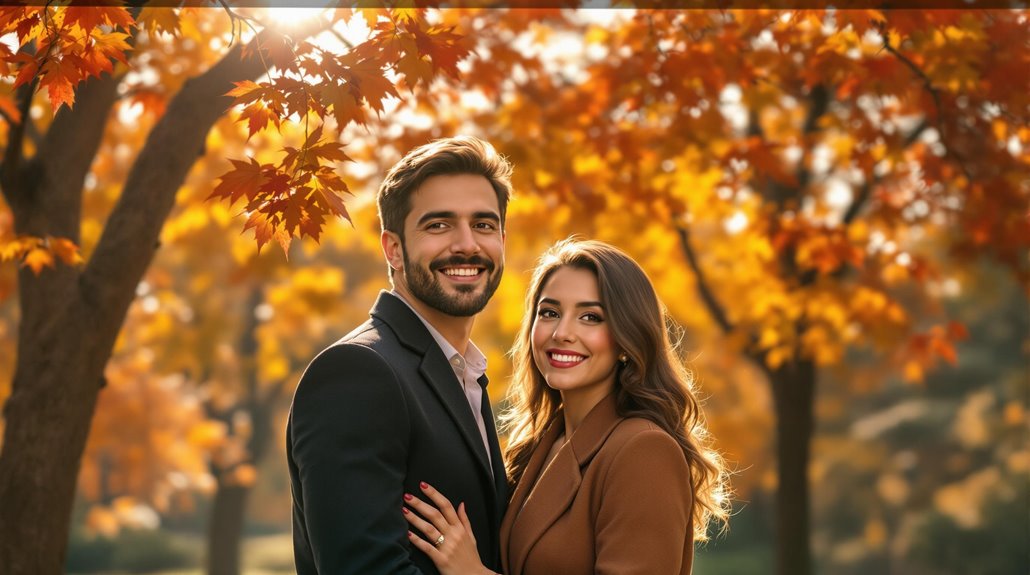 A smiling couple stands close together in a park with vibrant autumn trees and golden leaves, sunlight filtering through the branches, capturing unforgettable moments in a warm, romantic atmosphere.
