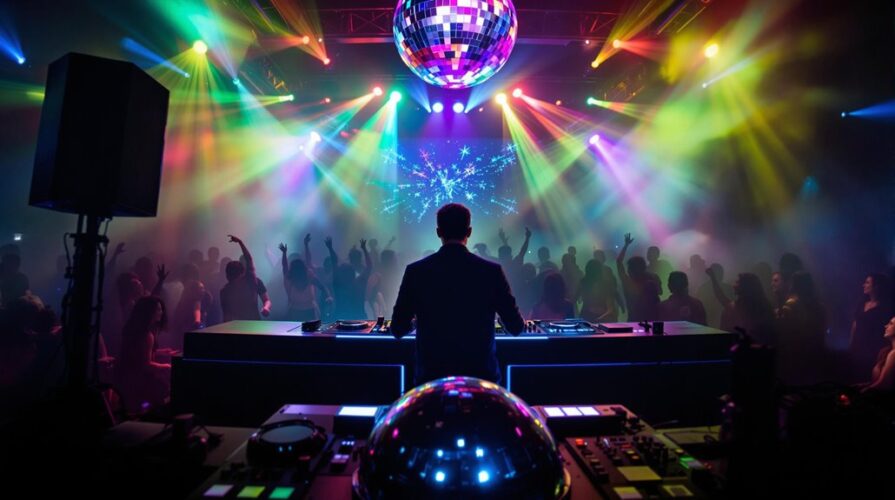 A Party DJ Regina stands at a booth in a lively nightclub, facing a dancing crowd. Colorful lights and lasers fill the room, with disco balls reflecting light above and on the DJ table, creating a vibrant party atmosphere.