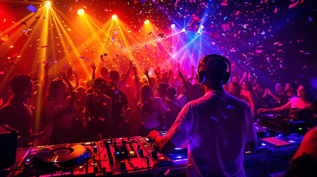 A DJ from Party DJ Services wearing headphones plays music at a lively nightclub in Regina, with colorful lights, confetti falling, and a crowd of people dancing and cheering on the dance floor.
