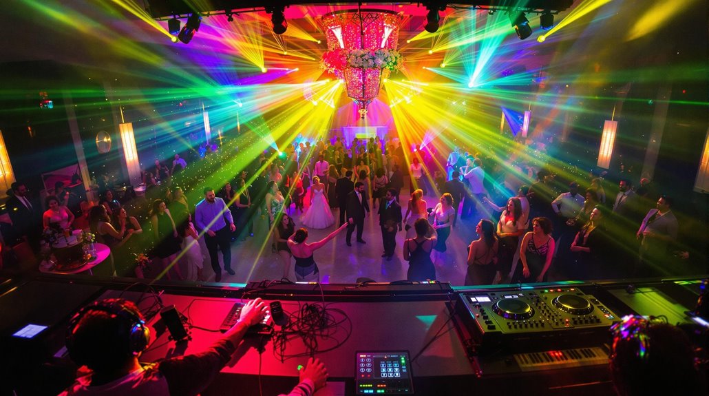 A vibrant nightclub scene with colorful laser lights shining over a dance floor crowded with people dancing, viewed from behind a Regina wedding DJ booth with professional equipment in the foreground.