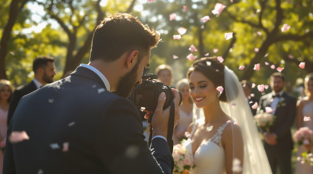 A photographer captures a smiling bride in a white dress outdoors, surrounded by blurred guests and pink flower petals, creating lasting memories perfect for event videography.