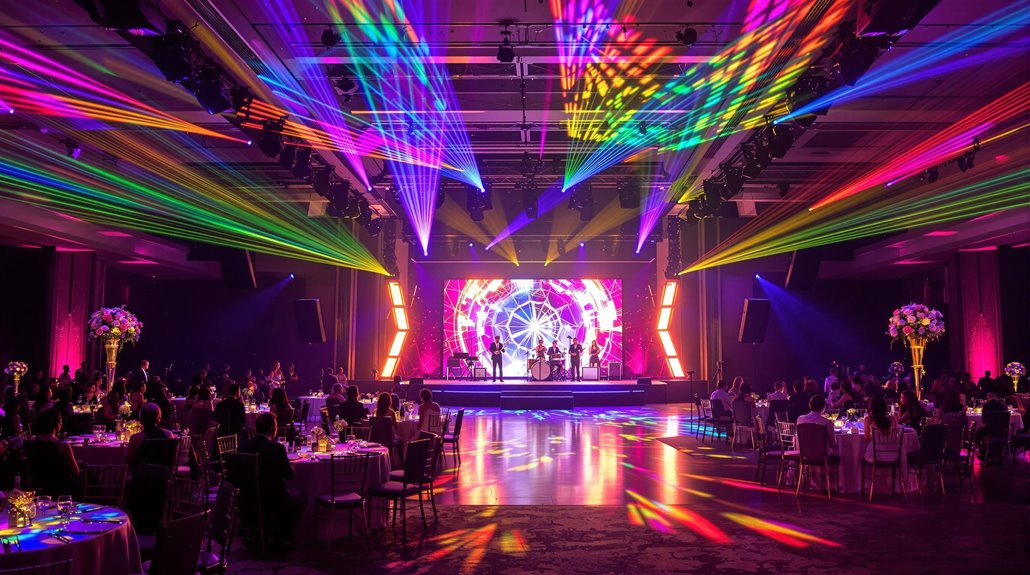 A large event hall with round tables and seated guests features a brightly lit stage, colorful laser lights, and vibrant projections created through professional AV, while floral centerpieces add to the festive atmosphere.