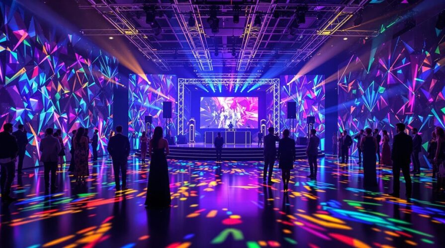 People stand in a large, dark event hall with colorful, geometric lights projected on the floor and walls. Thanks to professional AV, a stage with a screen and performers at the front creates a vibrant party atmosphere.