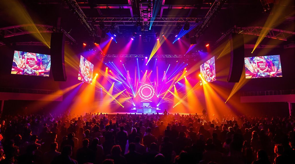 A large crowd enjoys a live concert in an indoor venue. Bright, colorful stage lights and spotlights from professional AV systems illuminate the stage, with vibrant beams shining over the audience. Screens display graphics on either side of the stage.