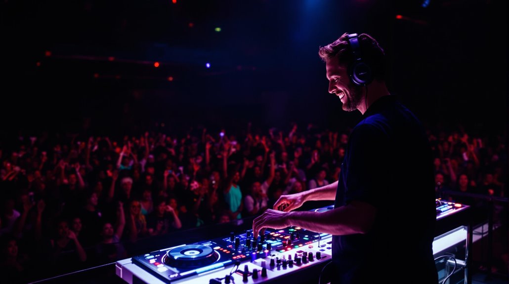 A professional DJ wearing headphones smiles while mixing music on a digital turntable, performing in front of a large, cheering crowd under colorful stage lights in a dark nightclub. Hire a DJ to bring your event to life!.
