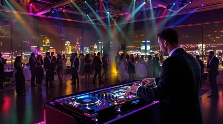 A professional DJ in a suit energizes a lively evening party, providing top DJ services Regina as guests dance and mingle in a colorful, modern venue overlooking the city skyline lit up at night.